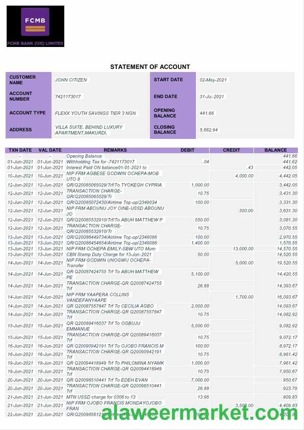 Nigeria FCMB bank statement Word and PDF template, 6 pages